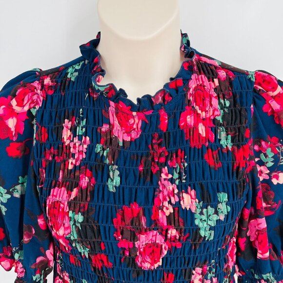 London Times Floral Smocked Bodice A-Line Midi Dress Size 6 Navy Floral - Picture 2 of 13